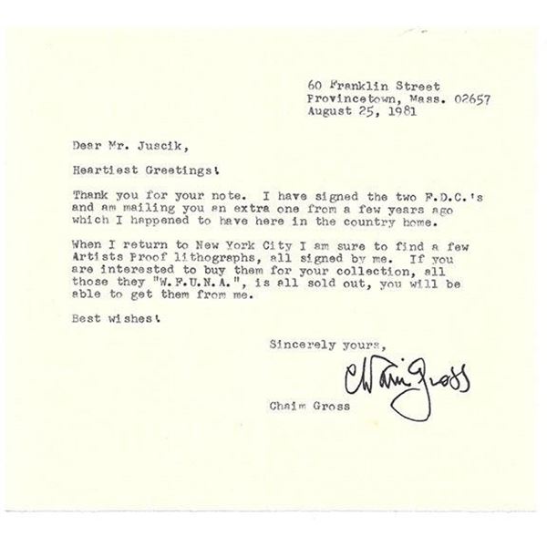Sculpter Chaim Gross Signed Letter