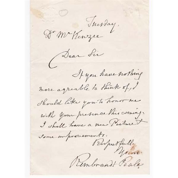 Rembrandt Peale handwritten signed Letter
