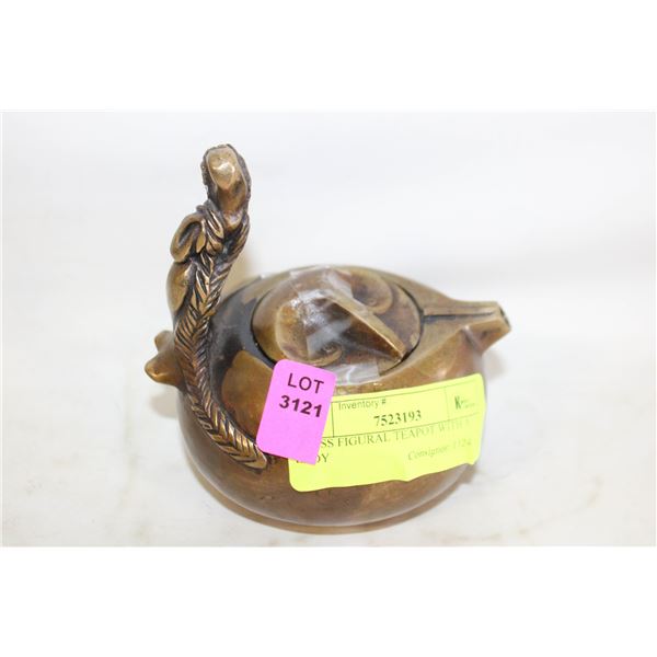 BRASS FIGURAL TEAPOT WITH A LADY