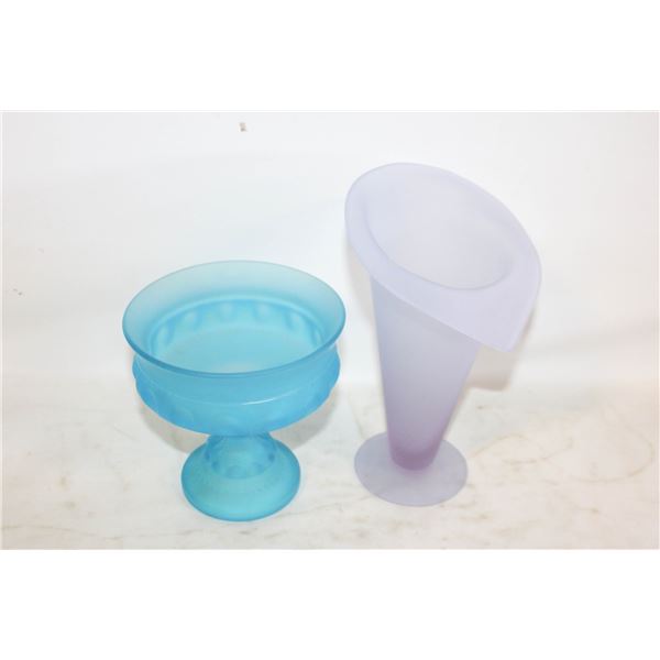 INDIANA GLASS SATIN BLUE GLASS FOOTED DISH + SATIN