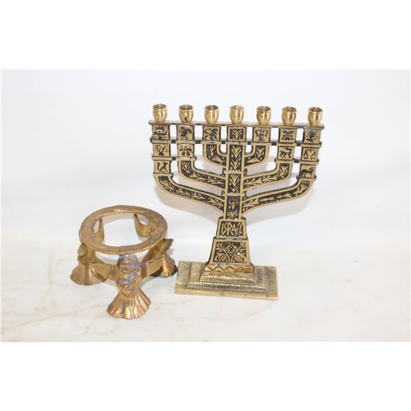 BRASS STAND WITH 3 ANGELS + BRASS MENORAH