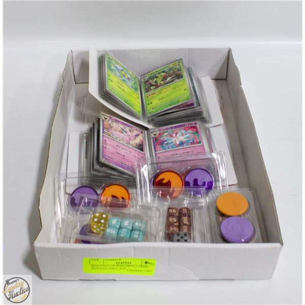 BOX FULL OF POKEMON CARDS, BINDERS, DICE, ETC