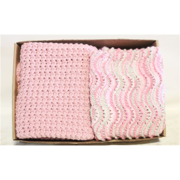 2 NEW HAND-KNITTED ROSE-COLOR BABY BLANKETS,