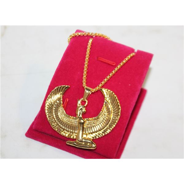 NEW GOLD TONED ISIS WINGED NECKLACE, EGYPTIAN