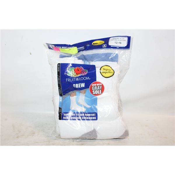 WHITE CREW SOCKS 6-12 SIZE 6-PACK FRUIT OF