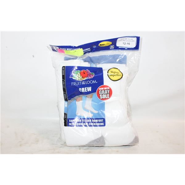 WHITE CREW SOCKS 6-12 SIZE 6-PACK FRUIT OF