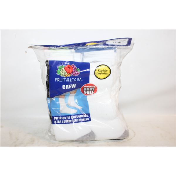 WHITE CREW SOCKS 6-12 SIZE 6-PACK FRUIT OF