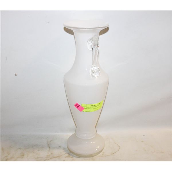 TALL WHITE GLASS VASE WITH CLEAR HANDLES