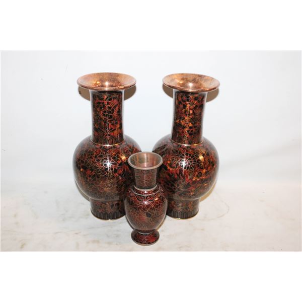 LOT OF 3 BROWN CLOISONNE VASES. 2 WITH MINOR CHIPS