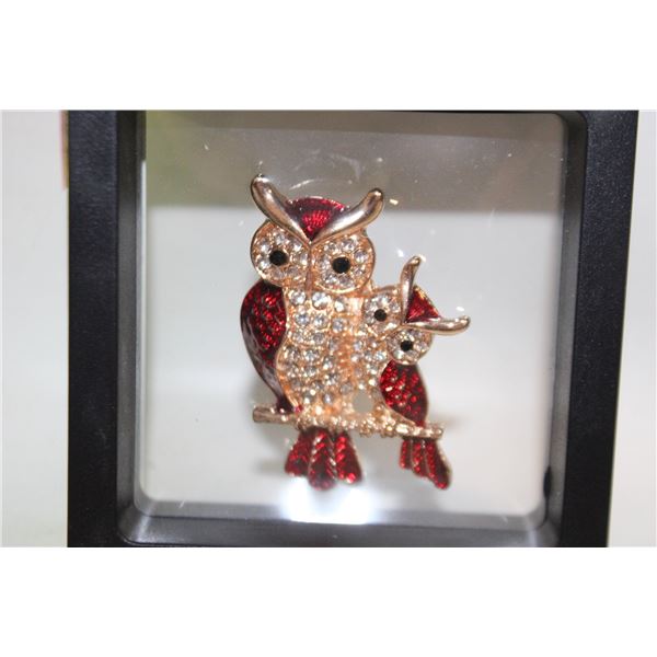NEW PAIR RED OWL BROOCH SPARKLING