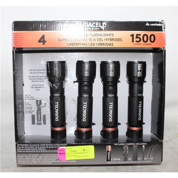 NEW DURACELL 1500 HYBRID LED FLASHLIGHTS 4 PACK