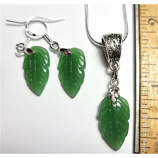 27)  SILVER TONE WITH SET OF GREEN JADE