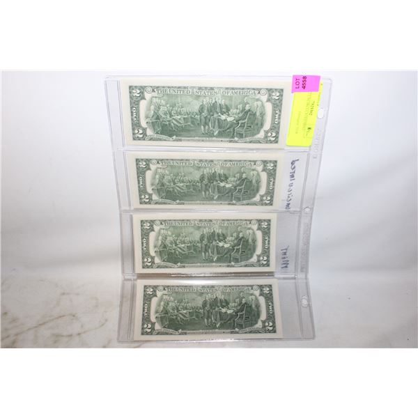 USA 4X$2 UNCIRCULATED MINT NOTES