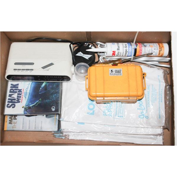 BOX OF ASSORTED HARDWARE/GARAGE SURPLUS ITEMS