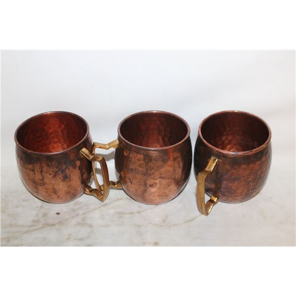 3 MATCHING COPPER/BRASS HANDLED MUGS