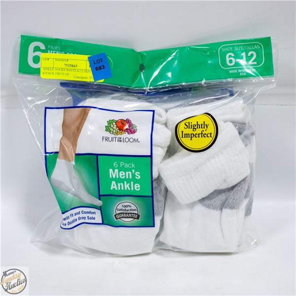 ANKLE SOCKS WHITE 6-12 SIZE 6-PACK FRUIT OF