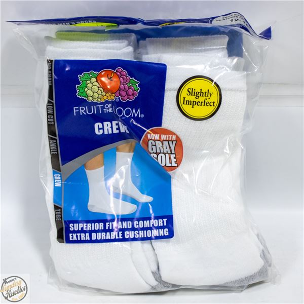 WHITE CREW SOCKS 6-12 SIZE 6-PACK FRUIT OF