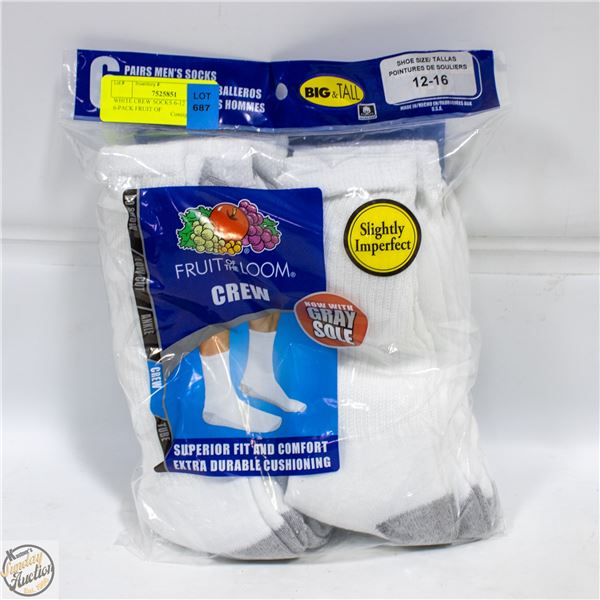 WHITE CREW SOCKS 6-12 SIZE 6-PACK FRUIT OF