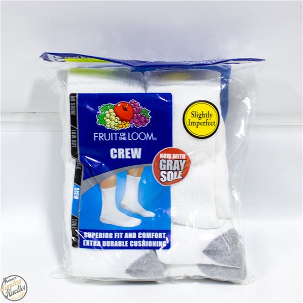 WHITE CREW SOCKS 6-12 SIZE 6-PACK FRUIT OF