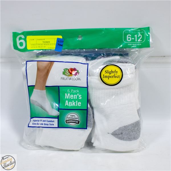 ANKLE SOCKS WHITE 6-12 SIZE 6-PACK FRUIT OF