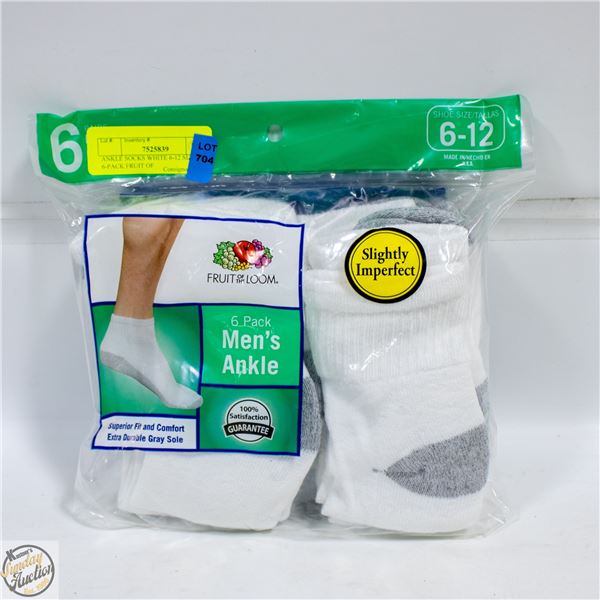 ANKLE SOCKS WHITE 6-12 SIZE 6-PACK FRUIT OF