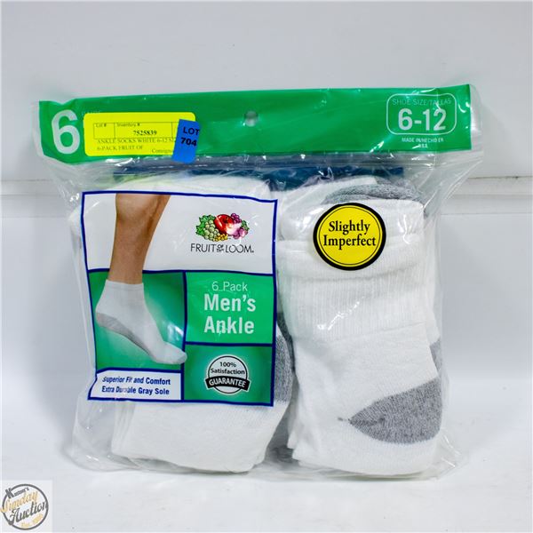 ANKLE SOCKS WHITE 6-12 SIZE 6-PACK FRUIT OF