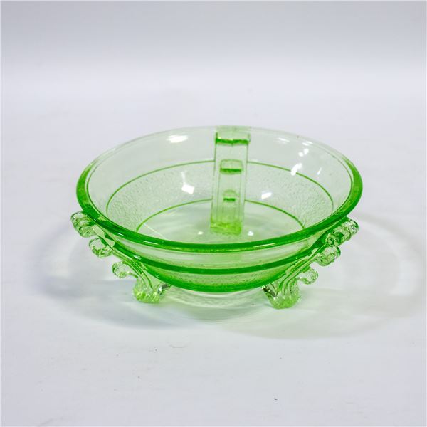 URANIUM GLASS SUGAR BOWL TRI FOOTED