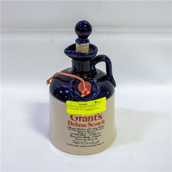 VINTAGE JUG GRANTS DELUXE SCOTCH DARK BLUE+TAN 9"H