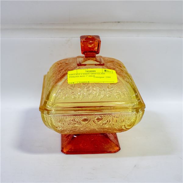 VINTAGE CANDY DISH GLASS PINKISH RED 7" HIGH
