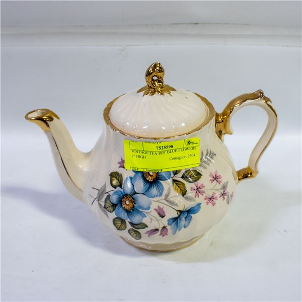 VINTAGE TEA POT BLUE FLOWERS 7" HIGH