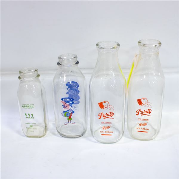 4 GLASS MILK BOTTLES - 2 PURITY, AVALON,