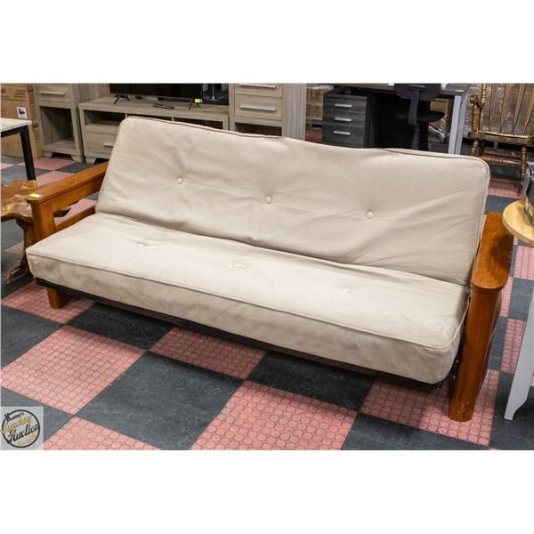 SOFA FUTON COUCH WITH WOOD ARM CUBBYS