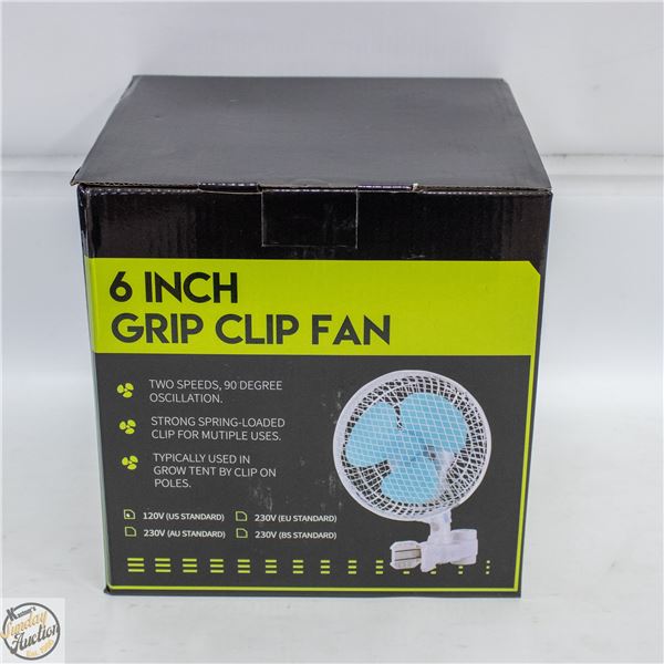 6” GRIP CLIP FAN – TWO SPEEDS. 90 DEGREE