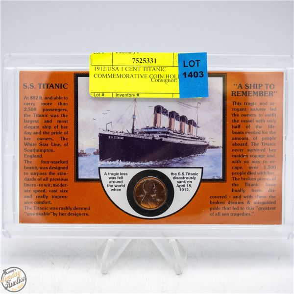 1912 USA 1 CENT TITANIC COMMEMORATIVE COIN HOLDER