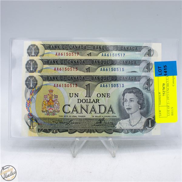 LOT OF 3 - 1973 UNCIRCULATED $1 BILLS