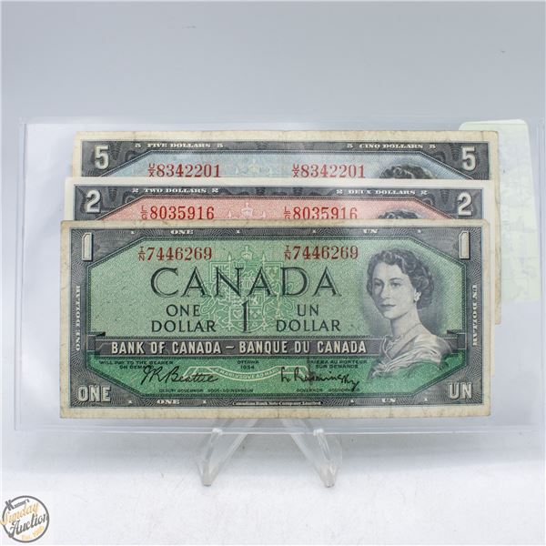 1954 LOT OF 3 - ONE, TWO, FIVE DOLLAR BILLS