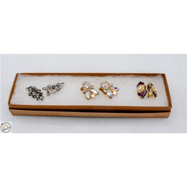3 SETS VTG RHINESTONE CLIP-ON EARRINGS