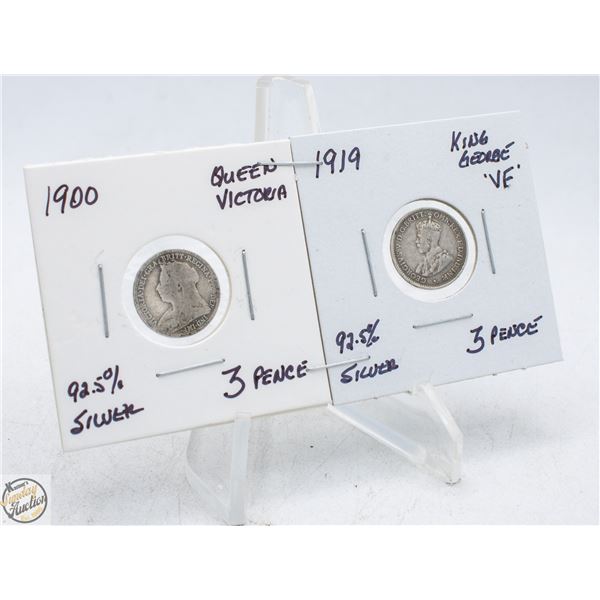 LOT OF 2 - 92.5% SILVER 3 PENCE COINS