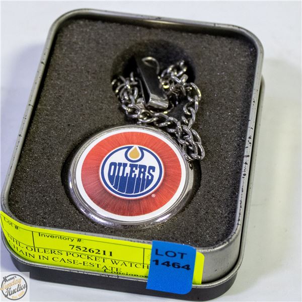 NHL OILERS POCKET WATCH WITH CHAIN IN CASE-ESTATE