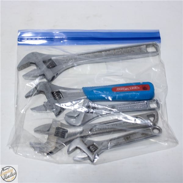 LOT OF ADJUSTABLE WRENCHES (5)