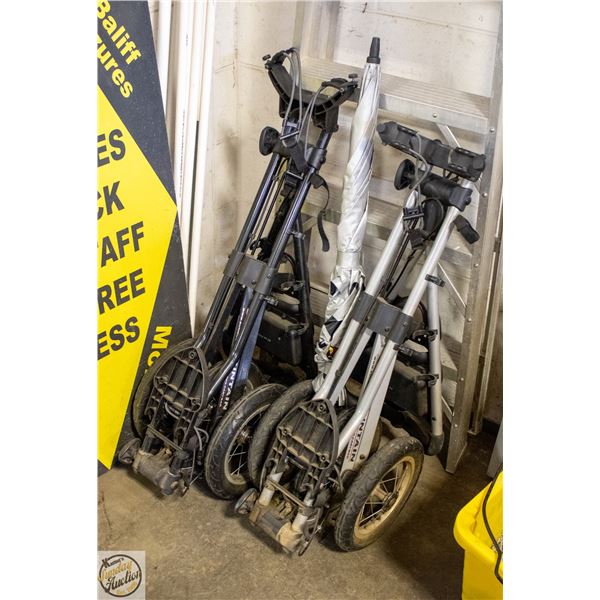 2 - 3 WHEEL GOLF CARTS(FLAT TIRES) & UMBRELLA