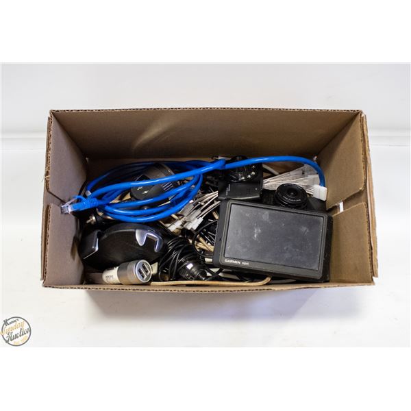 BOX OF CORDS W/ GARMIN GPS & 2 DASH CAMS