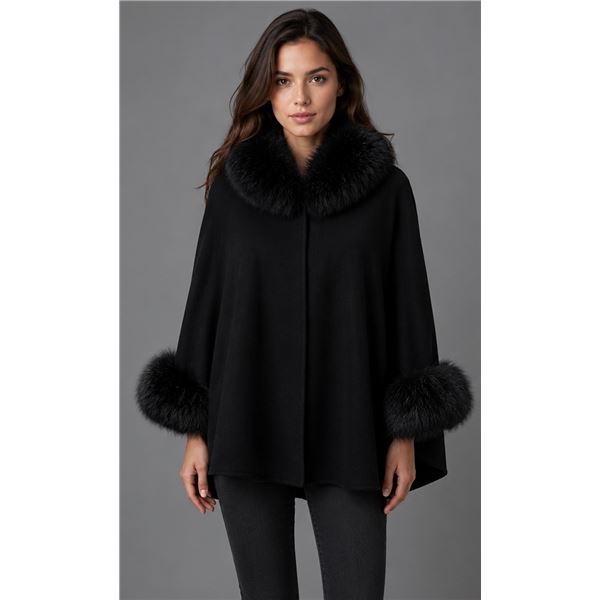 ALASKA FUR GALLERY:  Black Italian Loro Piana 100% Super Fine Wool Cape with Fox fur Collar and Trim