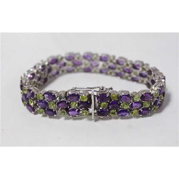 925 SILVER TENNIS BRACELET W AMETHYST & PERIDOT