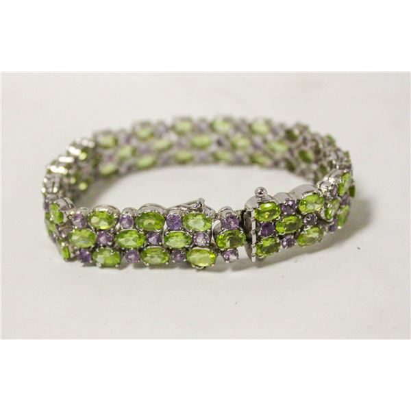 925 SILVER TENNIS BRACELET W AMETHYST & PERIDOT