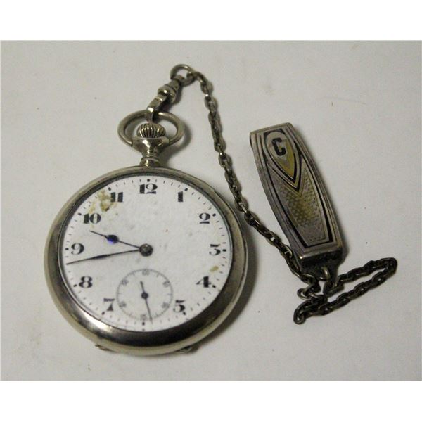 ANTIQUE SWISS POCKET WATCH W CHAIN WORKS