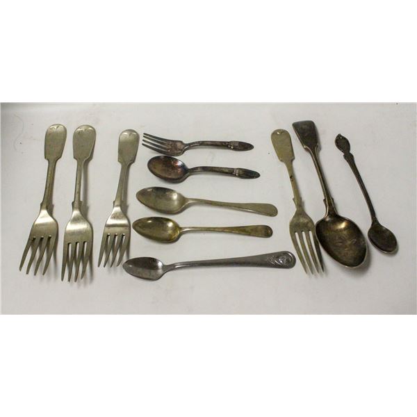 BOX OF ANTIQUE SILVER FORKS ETC