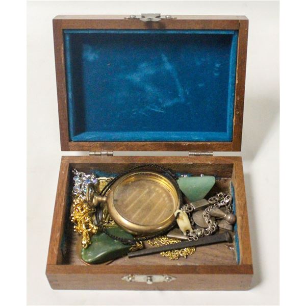 WOOD BOX OF ASSTD COLLECTIBLES