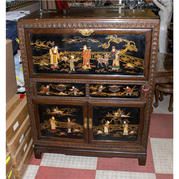 ANTIQUE SOLID WOOD ORIENTAL STONE SHELL AND MOTHER