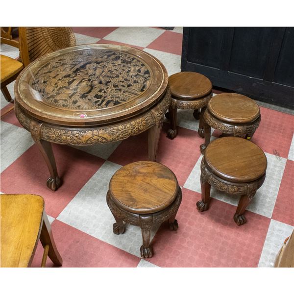 ANTIQUE CHINESE HAND CARVED WOOD ROUND TEA TABLE